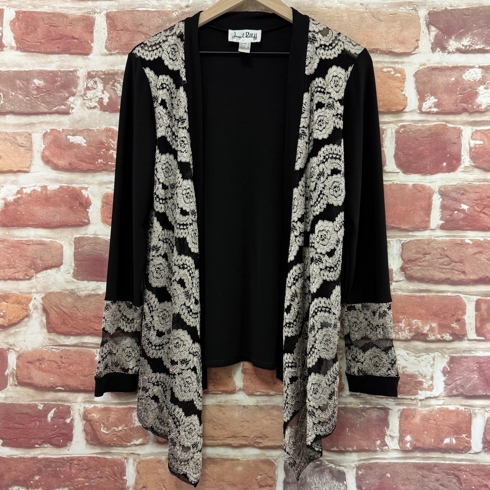 Joseph Ribkoff Shrug Jacket Women's 10 Black Lace Floral Open Front Shirt Topper
